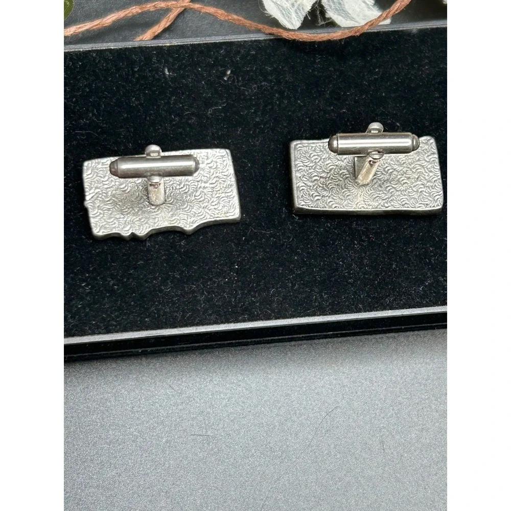 Vintage Brutalist Silver Tone Rectangular Abstract Relief Cufflinks Mens Jewelry